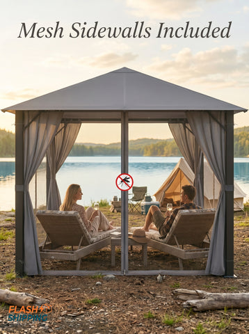 10' x 10' Patio Gazebo, Outdoor Gazebo Canopy Shelter with Netting & Curtains, Vented Roof, for Garden, Lawn, Backyard and Deck