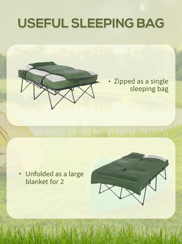 2-Person Folding Camping Cot Portable Outdoor Bed Set with Sleeping Bag, Inflatable Air Mattress, Comfort Pillows and Carry Bag, Soft and Comfortable for Outdoor Travel Camp Beach Vacation