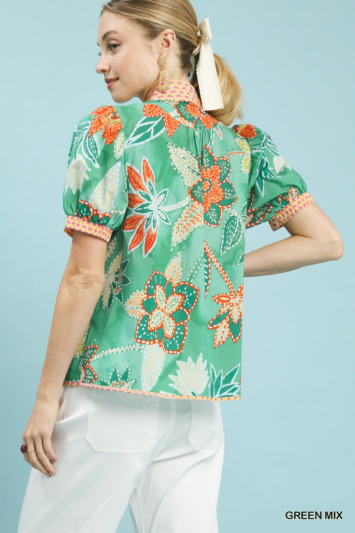 Umgee Mixed Abstract Print Puff Sleeve Blouse