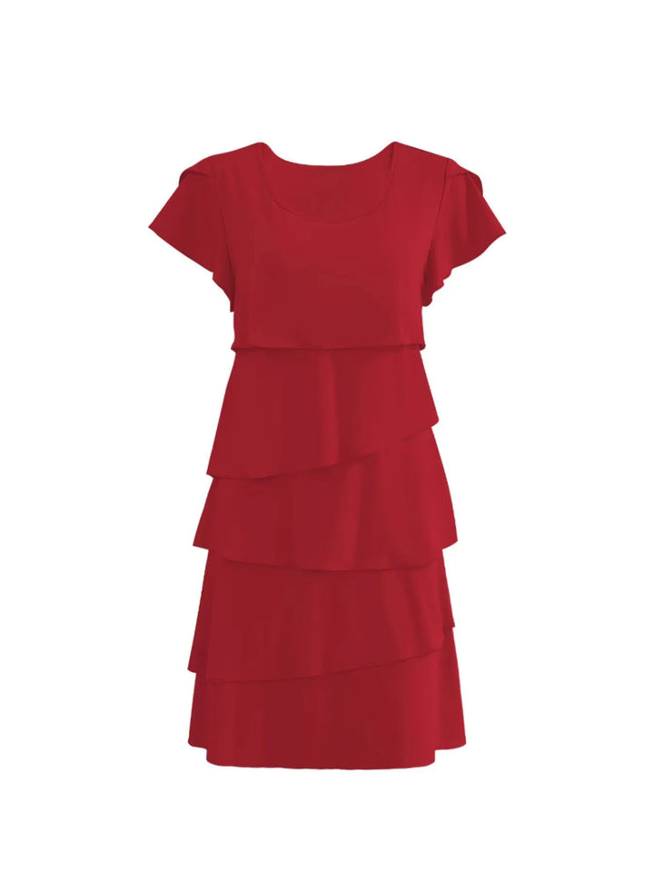 Casual Layered Round Neck Ruffled Sleeve Dress