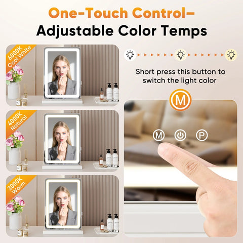 Vanity Mirror with Lights, LED Makeup Mirror with Dimmable 3 Color Modes, Touch Screen Control Vanity Based Mirror Desk Mirror Square