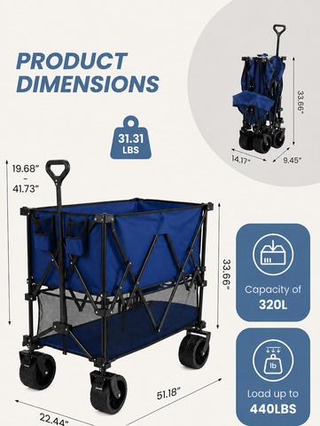 [World Cup 2026] Outdoor Double-Decker Folding Wagon – 320L, 440 lbs, All-Terrain Wheels & Adjustable Handle – Perfect for Soccer Summer, Game Night, Watch Party, Camping, Beach & Tailgating