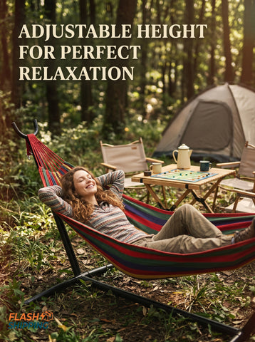 [World Cup 2026]Double Hammock With Steel Stand And Carrying Bag Adjustable Height 450Lbs Capacity Polyester Cotton Fabric Portable Outdoor Hammock For 2 Adults