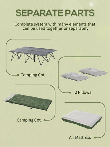 2-Person Folding Camping Cot Portable Outdoor Bed Set with Sleeping Bag, Inflatable Air Mattress, Comfort Pillows and Carry Bag, Soft and Comfortable for Outdoor Travel Camp Beach Vacation