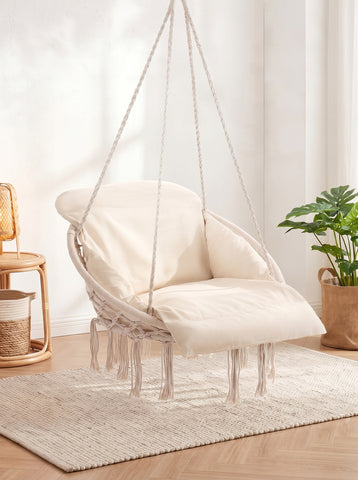 [World Cup 2026]Macrame Hanging Chair Hammock Oversized Padded Cushion Indoor Outdoor Swing Chair For Patio And Bedroom