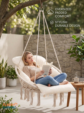 [World Cup 2026]Macrame Hanging Chair Hammock Oversized Padded Cushion Indoor Outdoor Swing Chair For Patio And Bedroom