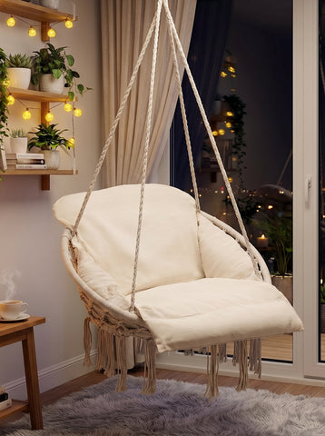 [World Cup 2026]Macrame Hanging Chair Hammock Oversized Padded Cushion Indoor Outdoor Swing Chair For Patio And Bedroom
