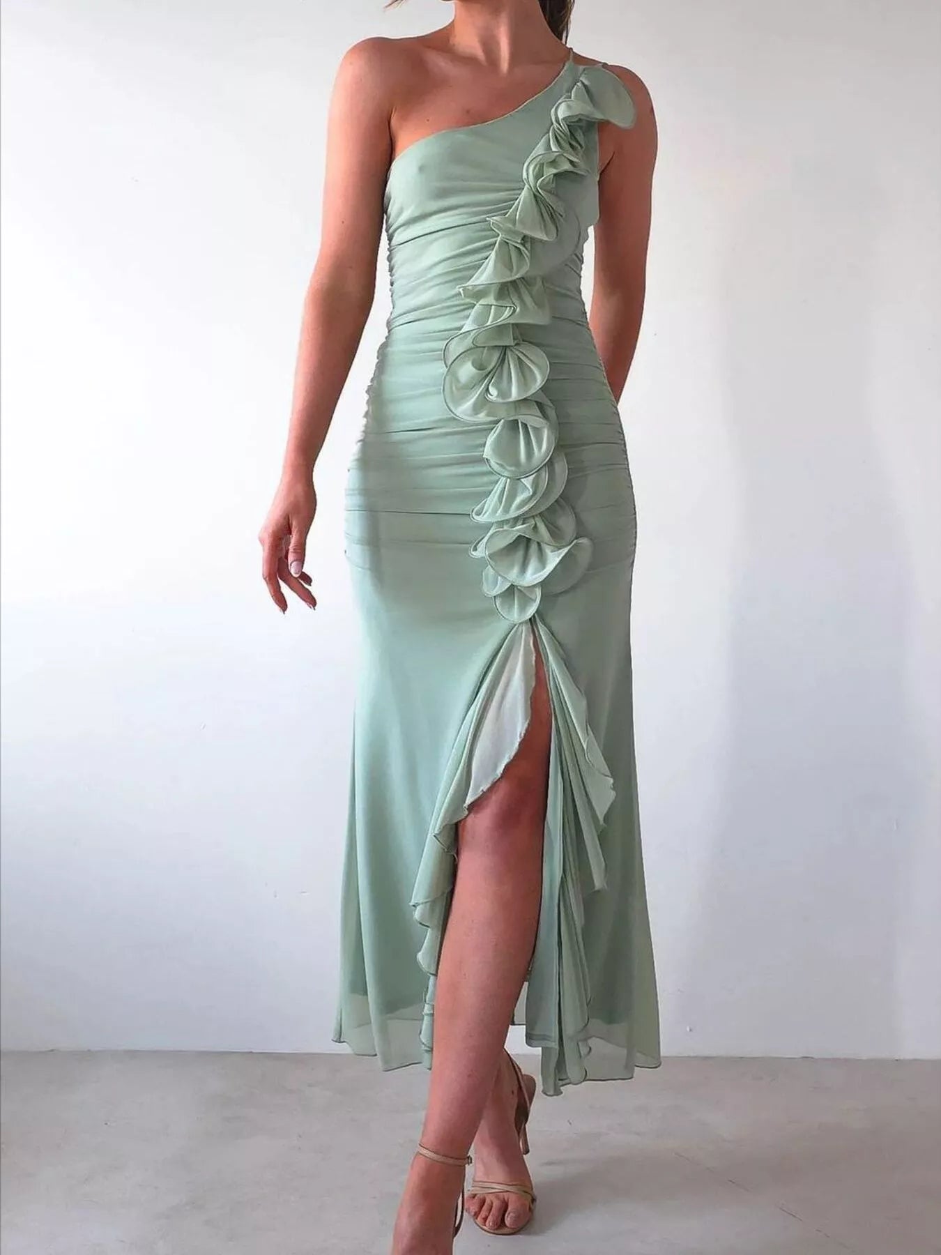 Mesh Ruffle Slit Dress One-Shoulder Ruffle Slit Dress – MUSETOPIA