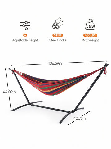 [World Cup 2026]Double Hammock With Steel Stand And Carrying Bag Adjustable Height 450Lbs Capacity Polyester Cotton Fabric Portable Outdoor Hammock For 2 Adults