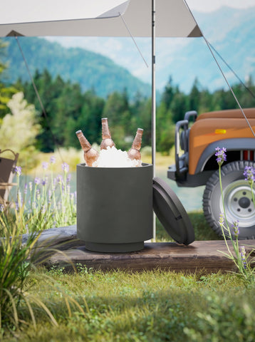 2.6 Gal Outdoor Side Table, 3-In-1 Concrete Cooler Bar Table with Storage, Removable Ice Bucket and Lid, Charcoal Gray