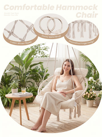[World Cup 2026]Macrame Hanging Chair Hammock Oversized Padded Cushion Indoor Outdoor Swing Chair For Patio And Bedroom