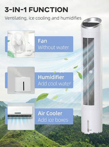 [World Cup 2026]40" Portable Oscillating Air Cooler Fan 3 In 1 Standing Ice Floor Fan with Humidifier Remote White