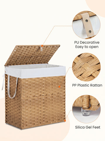 [World Cup 2026]Laundry Basket With Lid 110 L Hand-Woven Pp Rattan Laundry Basket With Compartments & Handles Foldable Removable Liner