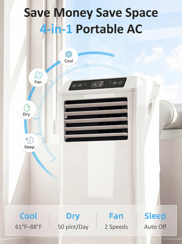 10000 BTU Mobile Portable Air Conditioner with Cooling, Dehumidifier and Ventilating, 2 Speed Fans, 24-Hour Timer