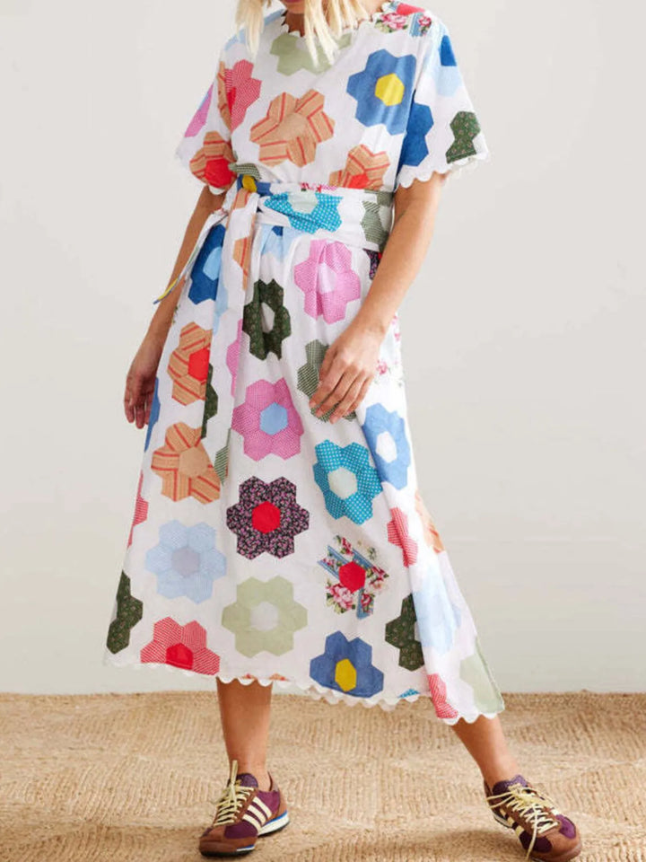 Floral Print Midi Dress with Scalloped Edges
