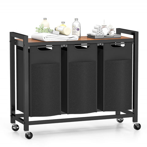 Laundry Hamper with 3 Pull-Out Removable Laundry Bags Clothing Sorter with Shelf and Wheels(Adjustable feet)3 x 8.6 Gallons (32.5 Liters)