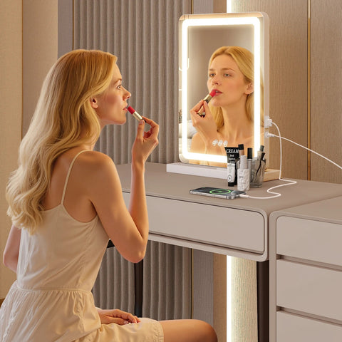 Vanity Mirror with Lights, LED Makeup Mirror with Dimmable 3 Color Modes, Touch Screen Control Vanity Based Mirror Desk Mirror Square