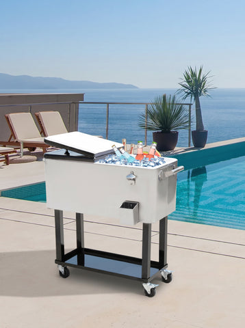 80 QT Rolling Cooling Bins Ice Chest on Wheels Outdoor Stand Up Drink Cooler Cart for Party