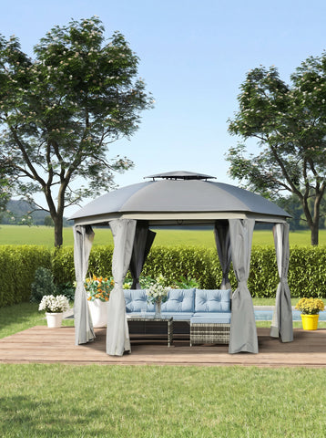 12' x 12' Round Outdoor Gazebo, Patio Dome Gazebo Canopy Shelter with Double Roof, Netting Sidewalls and Curtains, Zippered Doors, Strong Steel Frame