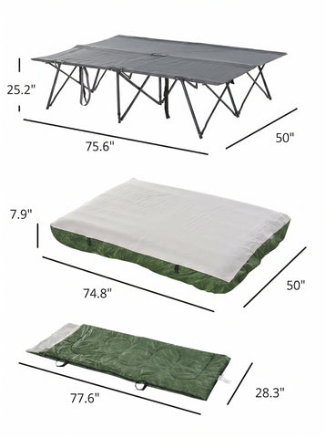 2-Person Folding Camping Cot Portable Outdoor Bed Set with Sleeping Bag, Inflatable Air Mattress, Comfort Pillows and Carry Bag, Soft and Comfortable for Outdoor Travel Camp Beach Vacation