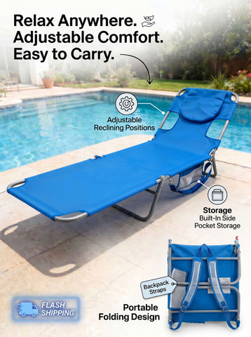 Foldable and adjustable lounge chair, portable beach chair, equipped with backpack straps and side pockets
