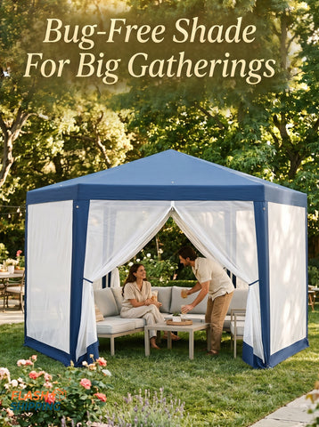 13' x 11' Outdoor Party Tent, Hexagon Sun Shade Shelter Canopy w/ Protective Mesh Sidewalls, Ropes & Stakes
