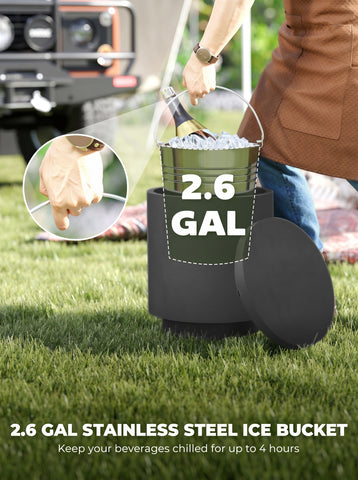 2.6 Gal Outdoor Side Table, 3-In-1 Concrete Cooler Bar Table with Storage, Removable Ice Bucket and Lid, Charcoal Gray
