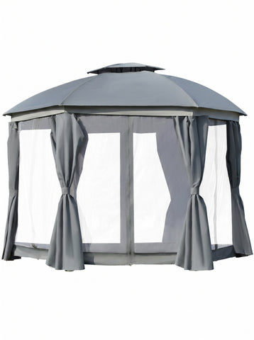 12' x 12' Round Outdoor Gazebo, Patio Dome Gazebo Canopy Shelter with Double Roof, Netting Sidewalls and Curtains, Zippered Doors, Strong Steel Frame