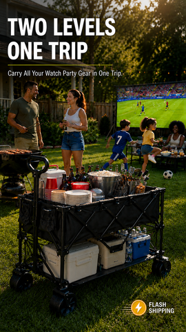 [World Cup 2026] Outdoor Double-Decker Folding Wagon – 320L, 440 lbs, All-Terrain Wheels & Adjustable Handle – Perfect for Soccer Summer, Game Night, Watch Party, Camping, Beach & Tailgating