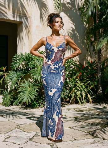 KIRA Vintage Lily Print Spaghetti Strap Bodycon Maxi Dress
