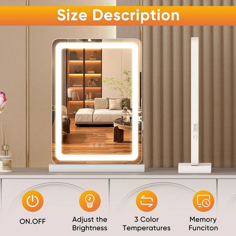 Vanity Mirror with Lights, LED Makeup Mirror with Dimmable 3 Color Modes, Touch Screen Control Vanity Based Mirror Desk Mirror Square