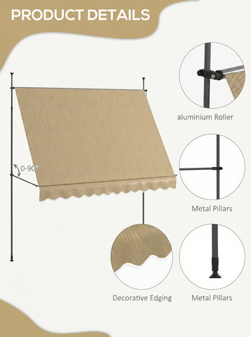 10' x 4' Manual Retractable Awning, Non-Screw Patio Awning, UV Resistant, for Window or Door
