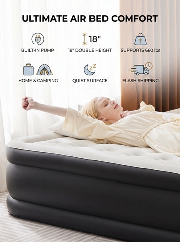 Air Mattress - 18" Inflatable Blow Up Mattress Airbed with Built-in High Capacity Pump, Double Height, Adjustable, Non-Slip Bottom Design