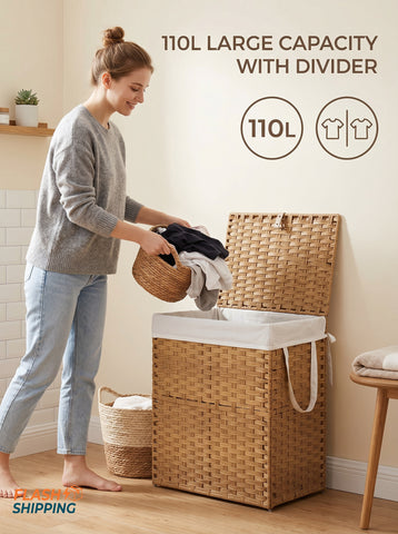[World Cup 2026]Laundry Basket With Lid 110 L Hand-Woven Pp Rattan Laundry Basket With Compartments & Handles Foldable Removable Liner