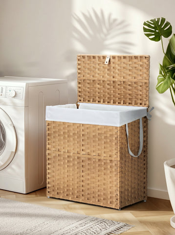 [World Cup 2026]Laundry Basket With Lid 110 L Hand-Woven Pp Rattan Laundry Basket With Compartments & Handles Foldable Removable Liner