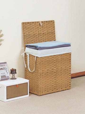 [World Cup 2026]Laundry Basket With Lid 110 L Hand-Woven Pp Rattan Laundry Basket With Compartments & Handles Foldable Removable Liner