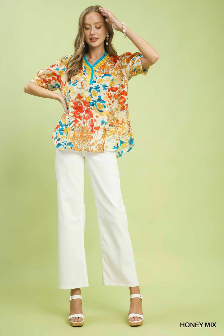Umgee Floral Contrast Pleat Neck Top