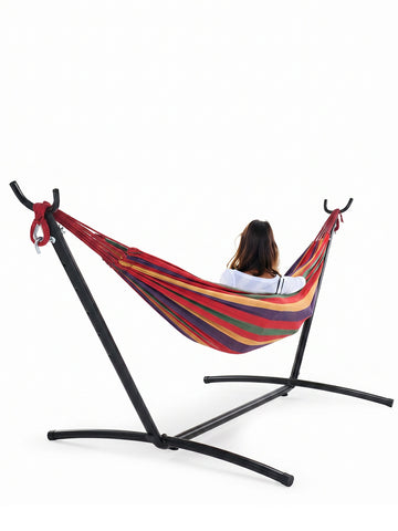 [World Cup 2026]Double Hammock With Steel Stand And Carrying Bag Adjustable Height 450Lbs Capacity Polyester Cotton Fabric Portable Outdoor Hammock For 2 Adults