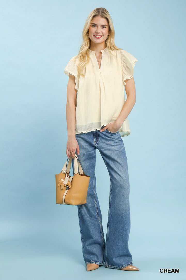 Umgee Flutter Sleeve Relaxed Top with Trim Detail