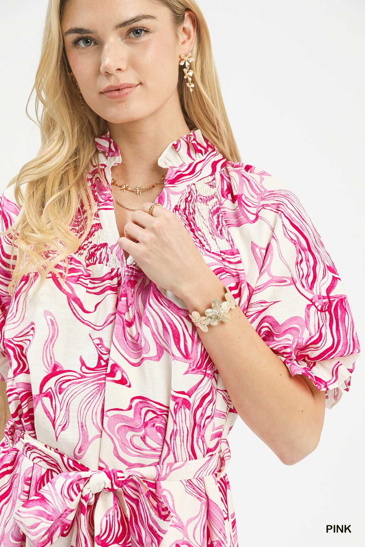 Umgee Abstract Print Smocked Tie Waist Midi Dress