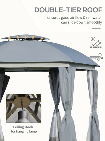 12' x 12' Round Outdoor Gazebo, Patio Dome Gazebo Canopy Shelter with Double Roof, Netting Sidewalls and Curtains, Zippered Doors, Strong Steel Frame
