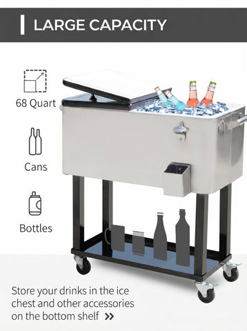 80 QT Rolling Cooling Bins Ice Chest on Wheels Outdoor Stand Up Drink Cooler Cart for Party