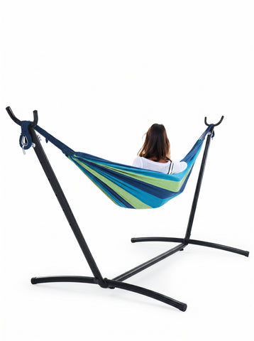 [World Cup 2026]Double Hammock With Steel Stand And Carrying Bag Adjustable Height 450Lbs Capacity Polyester Cotton Fabric Portable Outdoor Hammock For 2 Adults