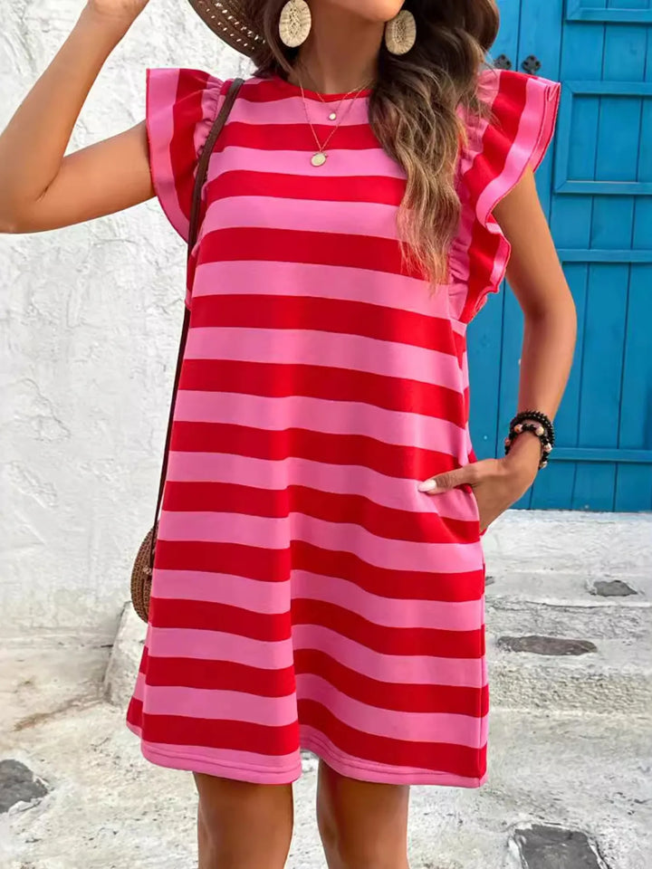 Striped Ruffle Sleeve Casual Summer Dress