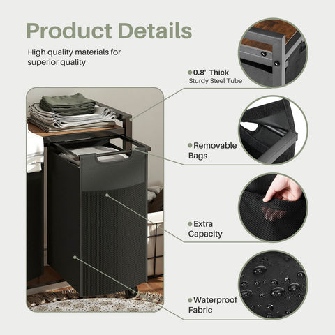 Laundry Hamper with 3 Pull-Out Removable Laundry Bags Clothing Sorter with Shelf and Wheels(Adjustable feet)3 x 8.6 Gallons (32.5 Liters)