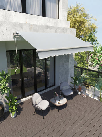 12' x 8' Retractable Awning Patio Awnings Sun Shade Shelter with Manual Crank Handle, 280g/m² UV & Water-Resistant Fabric and Aluminum Frame for Deck, Balcony, Yard, Light gray