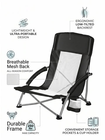 [World Cup 2026]Portable Folding Camping Chair With Storage Pockets And Backpack Mesh-Ventilated Chair Back