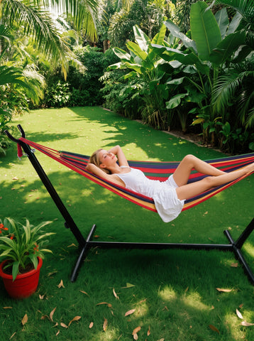 [World Cup 2026]Double Hammock With Steel Stand And Carrying Bag Adjustable Height 450Lbs Capacity Polyester Cotton Fabric Portable Outdoor Hammock For 2 Adults
