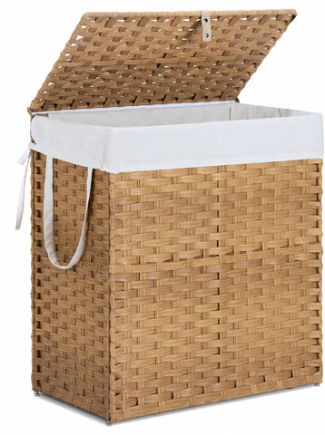 [World Cup 2026]Laundry Basket With Lid 110 L Hand-Woven Pp Rattan Laundry Basket With Compartments & Handles Foldable Removable Liner