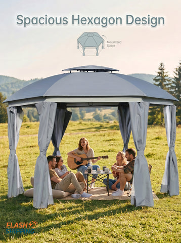 12' x 12' Round Outdoor Gazebo, Patio Dome Gazebo Canopy Shelter with Double Roof, Netting Sidewalls and Curtains, Zippered Doors, Strong Steel Frame